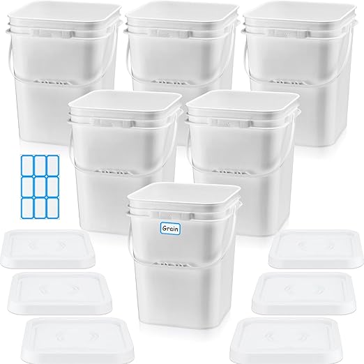Vesici 6 Pcs 5 Gallon Food Grade Square Buckets with Lids 5 Gal Plastic Food Storage Square Bucket Heavy Duty Industrial Pail Container with DIY Label Stickers Handles for Water Painting(White)