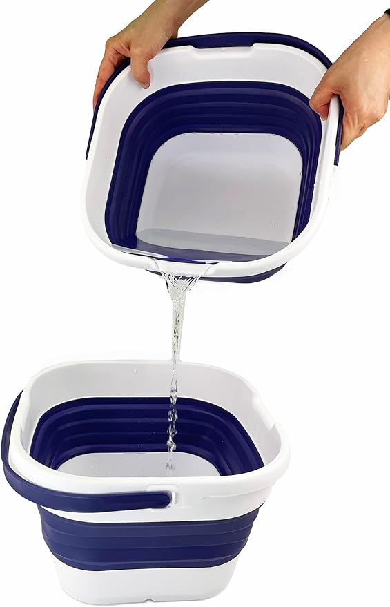 SAMMART 9.5L (2.5 Gallon) Collapsible Rectangular Handy Bucket (White/Navy Blue (Set of 2))