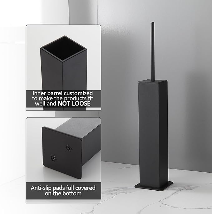 BGL Toilet Brush with Holder Set Matte Black Aluminium Standing for Bathroom Toilet Bowl Cleaner Brush and Holder Set, Square Design