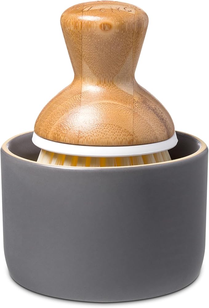 Full Circle Bubble Up Bamboo Dish Brush & Ceramic Soap Dispenser – [Bamboo Coating] Family Safe, Formaldehyde-Free – Kitchen Scrub Brush for Dishes, Nonstick & Cast Iron, Gray