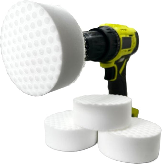 4.5” Drill Powered Magic Sponge Eraser 6 Pieces Kit with Drill Attachment | 25% Thicker Ultra Durable Melamine Cleaning Eraser Pads for Bathroom Kitchen Floors Walls Baseboards Crayon Marker and More