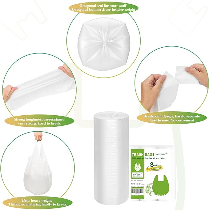 8 Gallon White-Trash-Bags Unscented Tall Kitchen - Large Plastic Garbage Bag With Handles 60Counts Recycling Office Car Medium Waste Basket Can Liner Thick Strong Acqkunlo