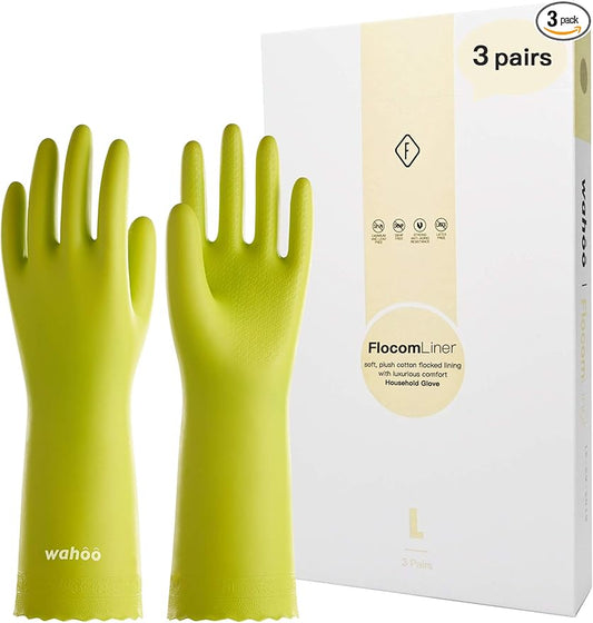 wahoo 3 Pairs Skin-Friendly Cleaning Gloves, Cotton Flocked Lined Dishwashing Gloves, Reusable, Non-Slip, Waterproof, Bud Tender, Medium