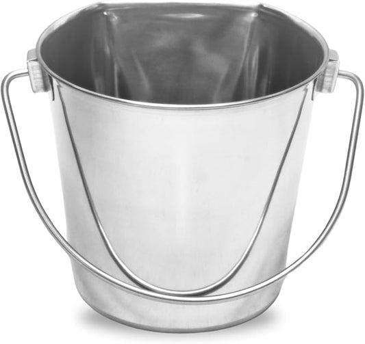 4 Quart Stainless Steel Flat Side Bucket | Durable Heavy Duty Food & Water Feeding Pails for Birds Dogs Cat Goat | Fits kennels Cages Critter Crates Hanging Pet Pail | Multipurpose Bucket