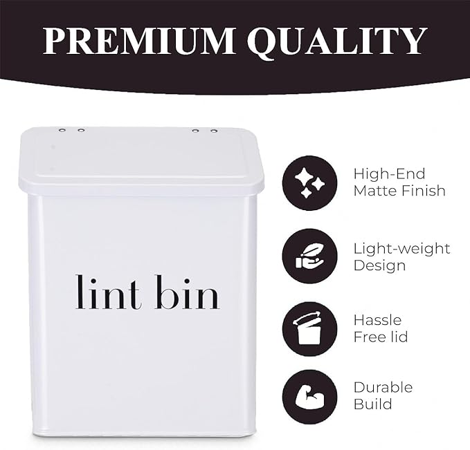 Magnetic Lint Bin with Lint Brush, Two White Hooks, one Black Back Side Hook & All Accessories for Laundry Room Decor, Wall-Mounted Lint Bin with Lid, White Powder Coated, Space-Saving Trash Can