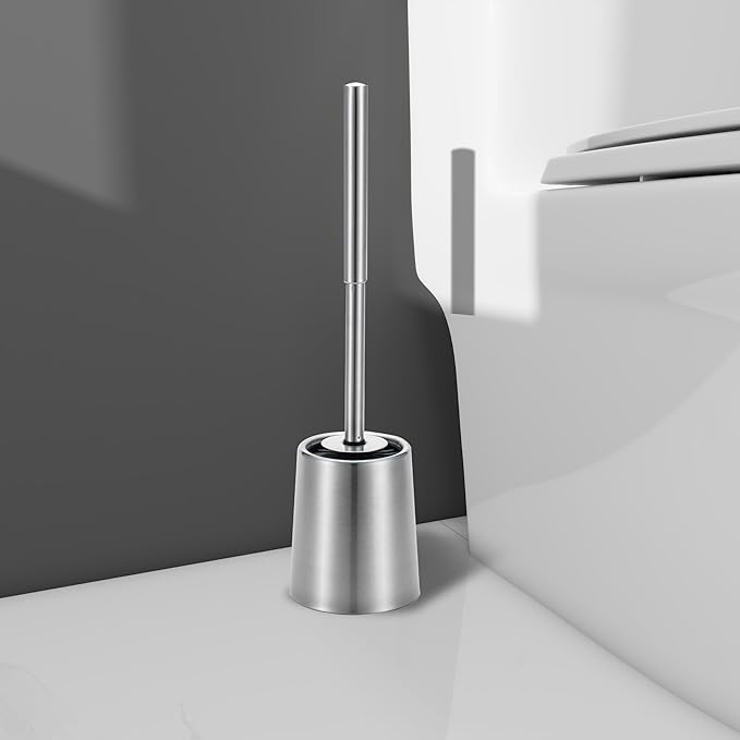 SOPRANNOMIN SUS304 Stainless Steel Toilet Brush and Holder Silicone Bathroom Brush TPE Brush Head Toilet Cleaner for Bowl Bathroom Cleaning Brush Caddy Cepillo de Baño Brushed Silver