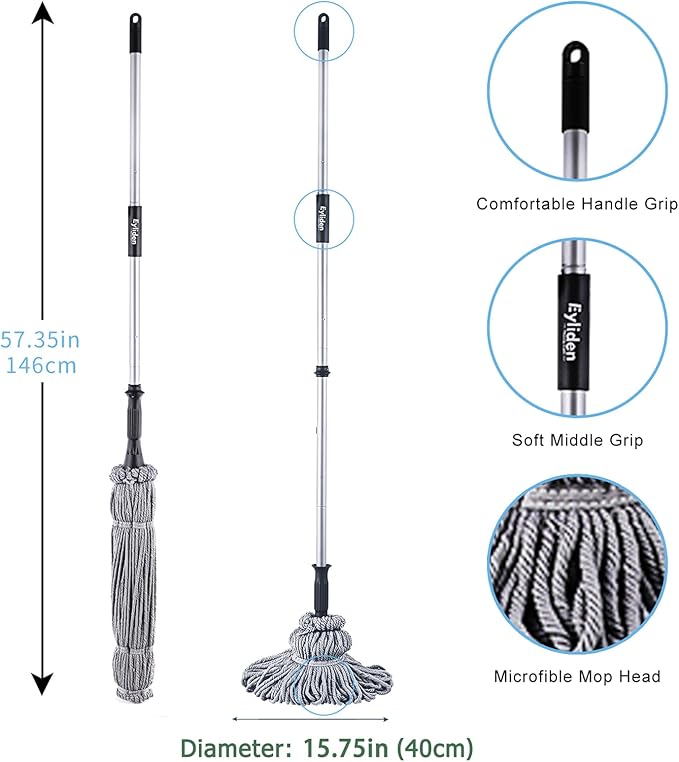 Eyliden Mop with 2 Reusable Heads, Easy Wringing Twist Mop, with 57.5 inch Long Handle, Wet Mops for Floor Cleaning, Commercial Household Clean Hardwood, Vinyl, Tile, and More (Grey)