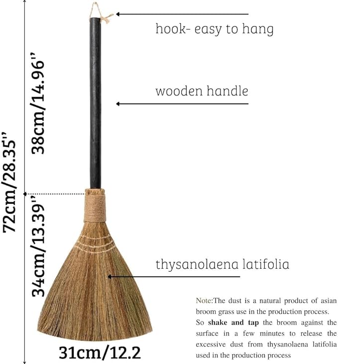 TTS For Home Natural Whisk Sweeping Black Handle Broom - Brooms for Wedding Jumping Ceremony Halloween DIY Decoration - Vietnamese Straw Soft Broom 12.2" Width, 28.35" Length
