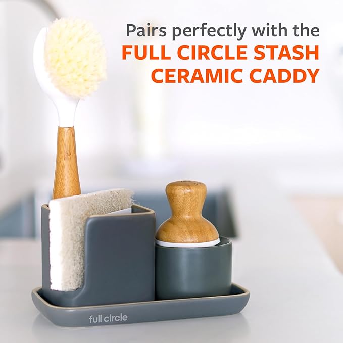 Full Circle Bubble Up Bamboo Dish Brush & Ceramic Soap Dispenser – [Bamboo Coating] Family Safe, Formaldehyde-Free – Kitchen Scrub Brush for Dishes, Nonstick & Cast Iron, Gray