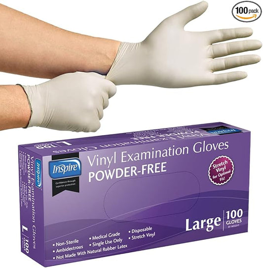 Inspire Medical Exam Gloves | Powder Free Stretch Vinyl Glove | Disposable Latex Free Gloves Food Safe For Cooking And Home Use