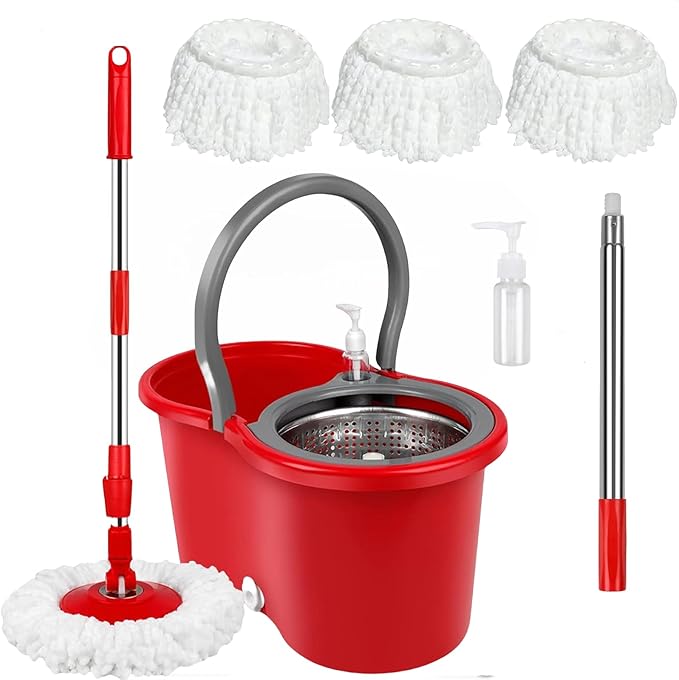 Spin Mop and Bucket with Wringer Set, 360° Spinning Mop Bucket System with 3 Microfiber Mop Replacement Heads Refills,56" Stainless Steel Extended Handle for Floor Cleaning Home(20QT) (Green) (Red)