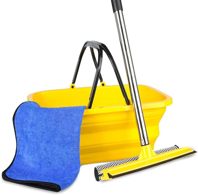 Windshield Car Squeegee and Collapsible Washing Bucket Combo Set, 2 in 1Window Squeegee with Long Handle