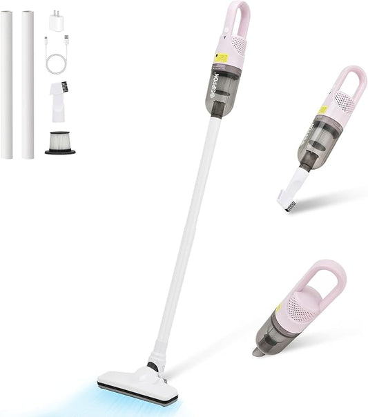 SIPPON 6-in-1 Lightweight Stick Vacuum Cleaner with 100W Powerful Motor, Mini Portable Household Handheld Vacuum Cleaner for Domestic Hard Floors, Carpets and Pet Hair(Pink Cordless with Plug)