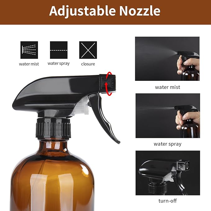 HOMBYS Empty Glass Amber Spray Bottles with Silicone Sleeve Protection - Refillable 16 oz Containers for Cleaning Solutions, Essential Oils, Misting Plants - Quality Sprayer -(2 Pack Amber)