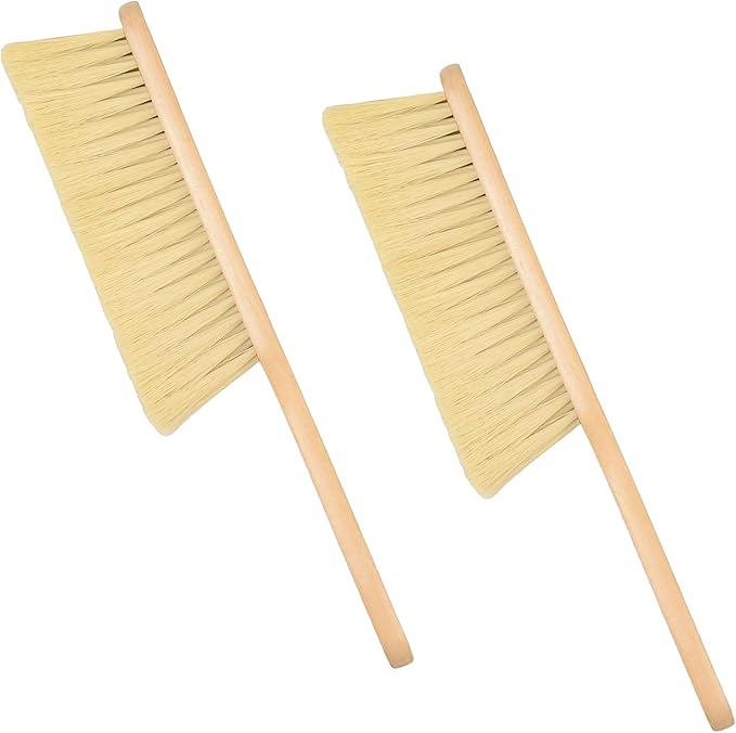 2 Pieces Woooden Dust Brush Hand Broom Bench Brush with Long Wood Handle Whisk Broom Soft Bristle Brush for Counter Bed Sofa Car Fireplace Clothes Household Cleaning (Brown)