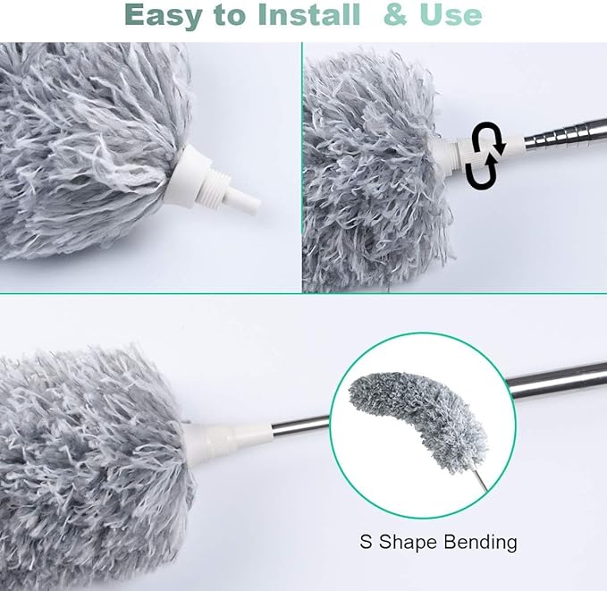 OFFCUP Microfiber Feather Duster, Extendable Dusters with Extra Long 100 inches Telescopic Pole and Bendable Head, Hand-Duster for Cleaning High Ceiling Fans, Cars, Blinds, Cobweb (Grey)