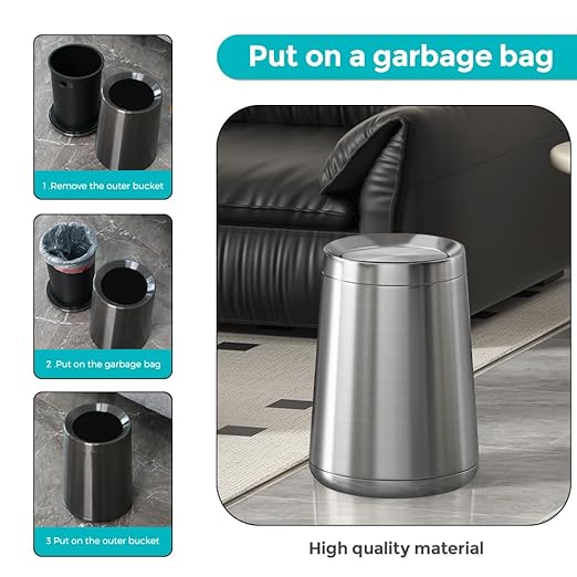 10L / 2.6Gal Small Stainless Steel Sliver Trash Can,Metal Bathroom Garbage can with Lid,Modern Home Décor Wastebasket with Flipping Lid, Garbage Can for Kitchen,Bathroom,Living Room(Silver),