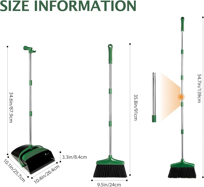 XXFLOWER Broom and Dustpan Set with Long Handle, Light Weight Stainless Steel Poles Stand Upright Dustpans with Broom Combo for Home Kitchen Office Pet Dog Hair, 1-Pack(Black Green)