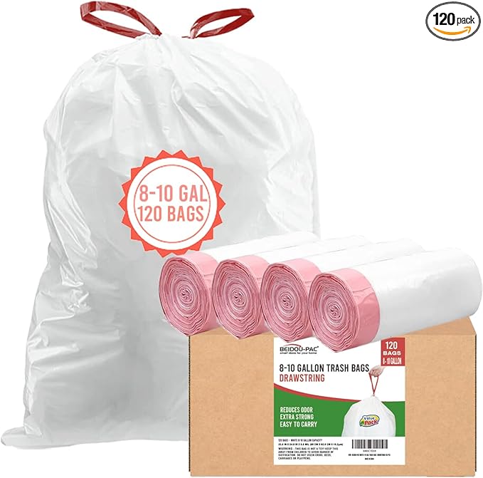 Trash Bags 8-10 Gallon Drawstring, 120 Count, Multifold Roll Garbage Bags, Large Kitchen Trash Bags, Odorless & Heavy Duty White Plastic Food Scrap Bags for Bathroom Bedroom Office Waste