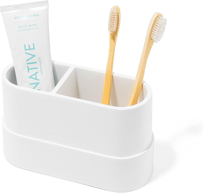 Yew Design Matte White Large Toothbrush and Toothpaste Holder and Cup for Bathroom Vanity and Countertop, Round Organizer for Electric Toothbrushes, Floss, Razors, Cotton, and Mouthwash