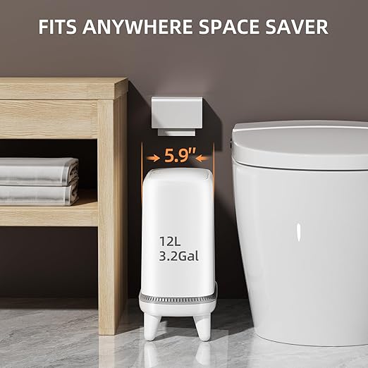 Bathroom Trash Can with Lid, Vacuum Adsorption Small Garbage Can 3.2 Gallon Press Top Lid Trash Bin with Legs Waterproof Waste Basket for Bathroom Bedroom Office Home RV