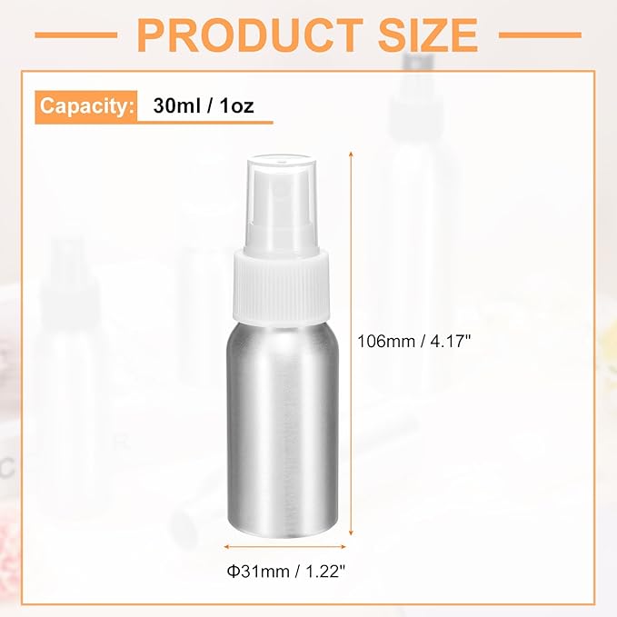 HARFINGTON Aluminum Fine Mist Spray Bottles 30ml/1oz Metal Small Liquid Alcohol Refillable Travel Container with White Plastic Nozzle Cap for Perfume Skincare Cosmetic Storage Bottle