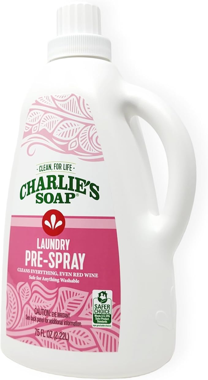 Charlie’s Soap Laundry Pre-Spray Stain Remover Refill Kit (91.9 fl oz), Natural Laundry Pretreat and Stain Remover (2 Pack - One 16.9oz Sprayer and One 75oz Refill)