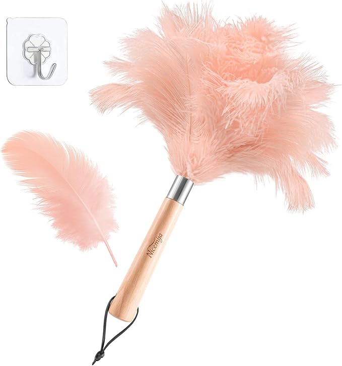 Pink Ostrich Feather Duster with Wooden Handle, 13.5 inch Natural Fluffy Cleaning Tool for Dusting Home, Car, Delicate Surfaces, Reusable Decorative Duster for Ledges, Blinds & Stylish Home Decor