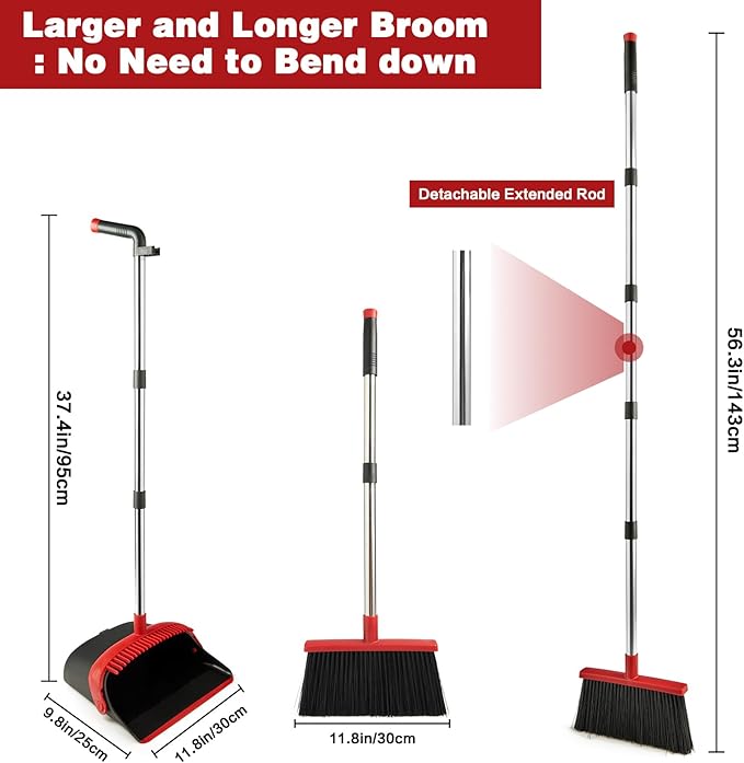 XXFLOWER Broom and Dustpan Set for Home, Broom with Dustpan Cleaning Teeth Combo Set, Indoor Sweep Broom with Long Handle for Office Home Kitchen Lobby Floor (Black Red)