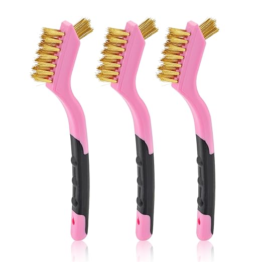 MAXMAN Brass Wire Brush Set 3-Pack, Brass Brushes for Cleaning Metal, Small Cleaning Brushes for Tight Spaces, Metal Brush, 7" Detail Deep Clean Scrub Brush, Pink