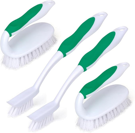 HileSwan Scrub Brush Set, 4 Pack Deep Cleaning Brush Kit - 2 Scrub Brush, 2 Tile & Grout Brush with Built-in Scraper, Household Commercial Scrubber for Floor, Shower, Pool Wall, Tub (Green)