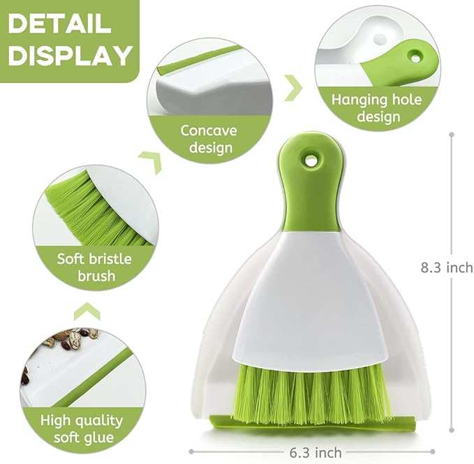Dust Pan Broom Brush Dustpan - Dustpan and Brush Set, Mini Dust Pans with Brushes, Handheld Broom Cleaning for Tables, Keyboards, Guinea Pig Cage, and Cat Litter, etc.(Green