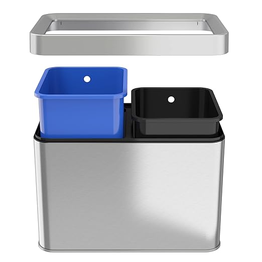 iTouchless 20 Liter / 5.3 Gallon Open Top Waste Trash Can & Recycle Bin with 2 Recycle Stickers, Dual Compartment Slim Stainless Steel Container