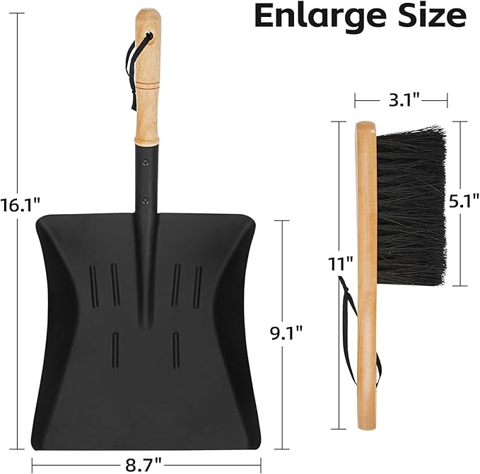 Permade Fireplace Ash Shovel and Brush Set, Coal Shovel and Hearth Brush Set, Fireplace Tools Set Indoor Outdoor Rust Resistant Made of Natural Wood & Coco Bristles for Easy Cleaning