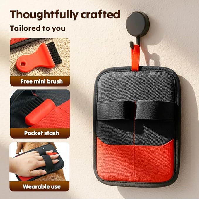Pet Hair Removal Glove, 2026 Upgraded Electrostatic Pet Hair Remover Glove with Brush, Pet Hair Remover Pocket Storage for Pet Hair Remover Tool on Carpet, Clothing, Couch, Car Seat (Red, 2Pcs)