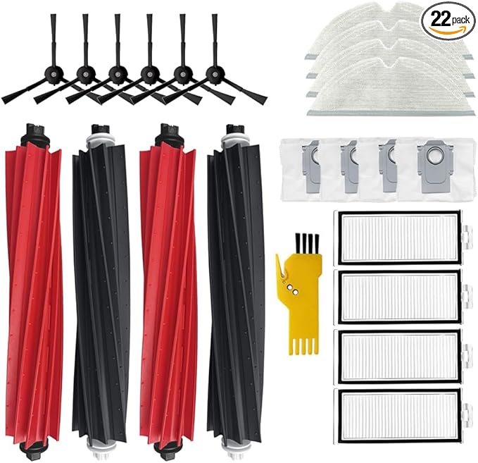 aoteng Replacement Accessories Kit for roborock q8 max+ q5 pro q8 max q5 pro+ Robot Vacuum Cleaner 22 Packs 2 sets of Main Brushes, 4 Filters, 6 Side Brushes, 4 Mop Cloths, 4 Dust Bags