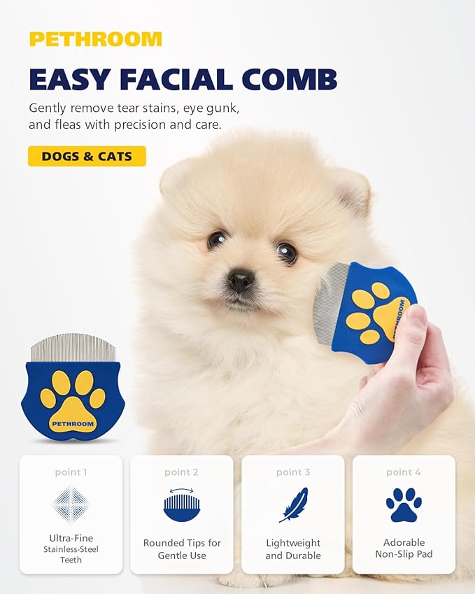 [PETHROOM] Professional Eye Comb for Pets | Stainless Steel Tear Stain Remover for Cats & Dogs | Gentle Round-Head Grooming Tool | Compact & Portable for Eye Gunk Removal