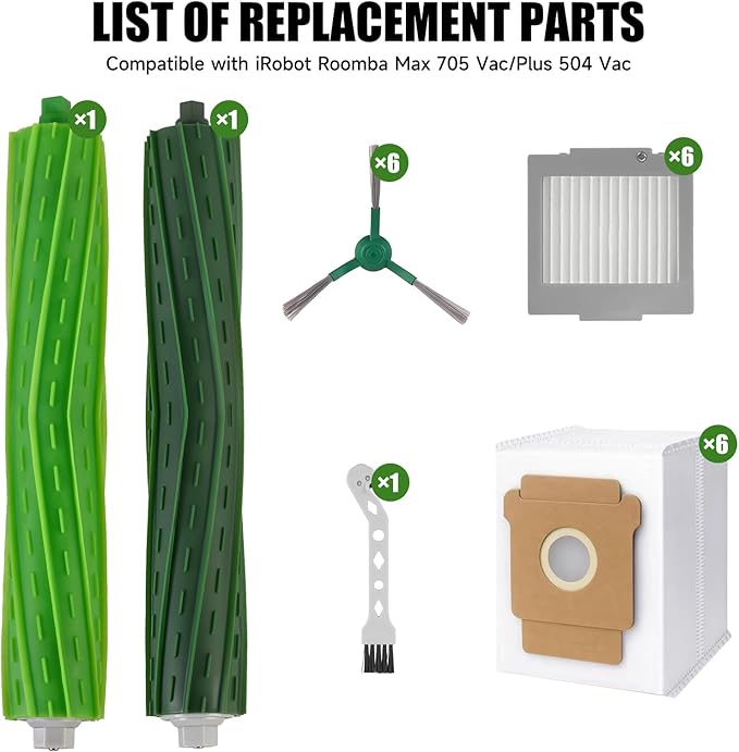 DAEX 21PCS Replacement Parts for iRobot Roomba max 705 vac/Plus 504 Vac Robot Vacuum, Accessories Kits Include 2 Set Main Brush, 6 Side Brushes, 6 Filters, 6 dust Bags, 1 Cleaning Brush