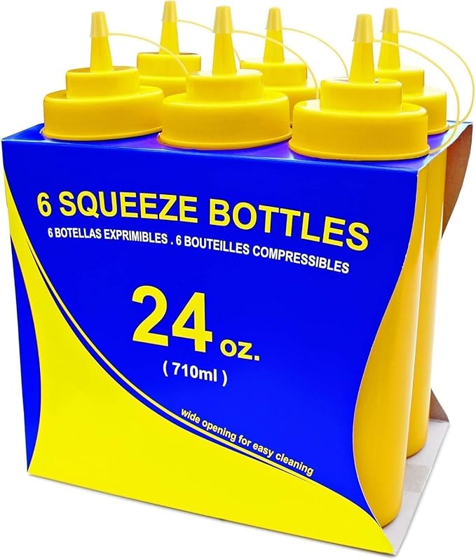 New Star Foodservice 26580 Plastic Squeeze Bottles with caps, Wide Mouth, 24 oz, Yellow, Pack of 6
