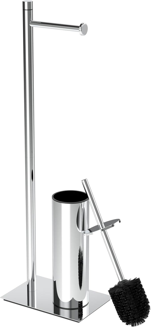 RUACQ Toilet Paper Holder Stand with Toilet Brush and Holder Set, 304 Stainless Steel Bathroom Toilet Tissue Paper Roll Holder Free Standing, Weighted Base, Heavy Duty (Chrome)