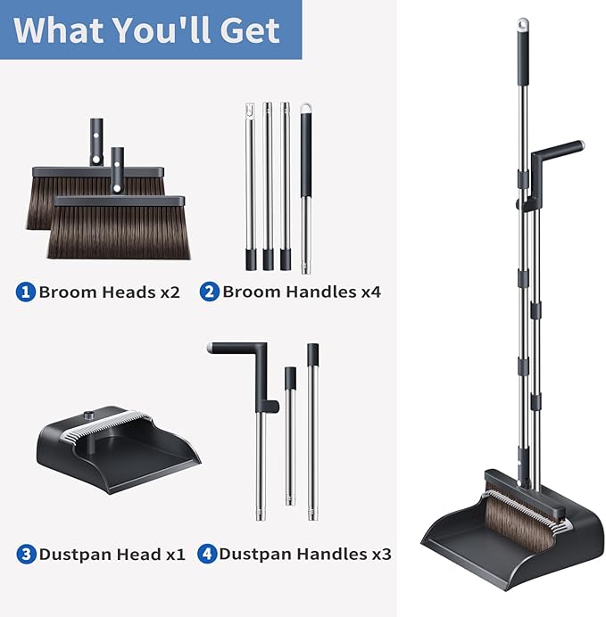 Broom with Dustpan Combo Set, Broom and Dustpan Set with 51.6" Long Handle & Two Broom Heads, Brooms with Dust Pan Teeth for Pet Hair, Indoor&Outdoor Sweeping, Home, Kitchen, Office