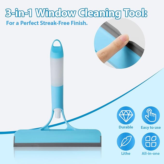 CUNBIYINA 3 in 1 Window Cleaning Scraper Shower Squeegee for Glass Doors Mirror with Sprayer Squiggy for Windshield Cleaner Tool Washing Spray Home Floor Scraper(Blue:Long Style)