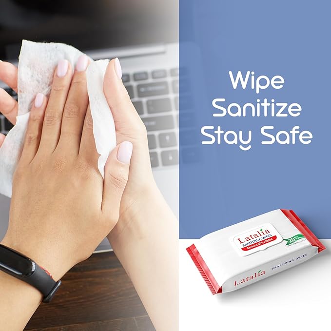 Latalia Hand Wipes Pack of 15 | 80% Alcohol Hand Sanitizer Wipes for Hands & Face Moisturizing, Gentle, Convenient and Fragrance Free (20 Counts)