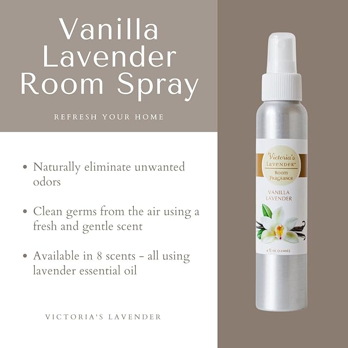 Victoria's Lavender Room Spray, All-Natural Home Essential Oil Concentrated Room Fragrance, Air Freshener, Bathroom Odor Eliminator - Made in the USA, Vanilla Lavender - 1 Pack (4 Fl Oz)