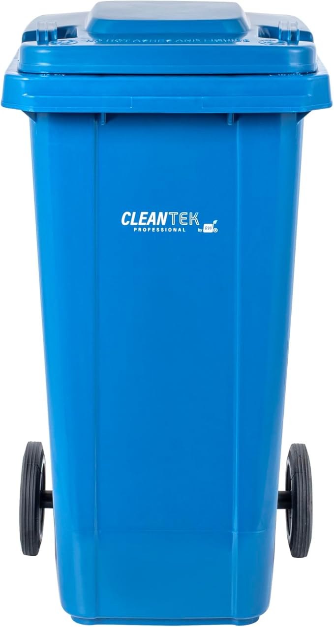 Restaurantware-Clean Tek Professional 32 Gallon Trash Can With Wheels, 1 Garbage Can With Lid - Step-On Attachment Sold Separately, Rectangle, Blue Plastic Dustbin, Long-Lasting, For Outdoor