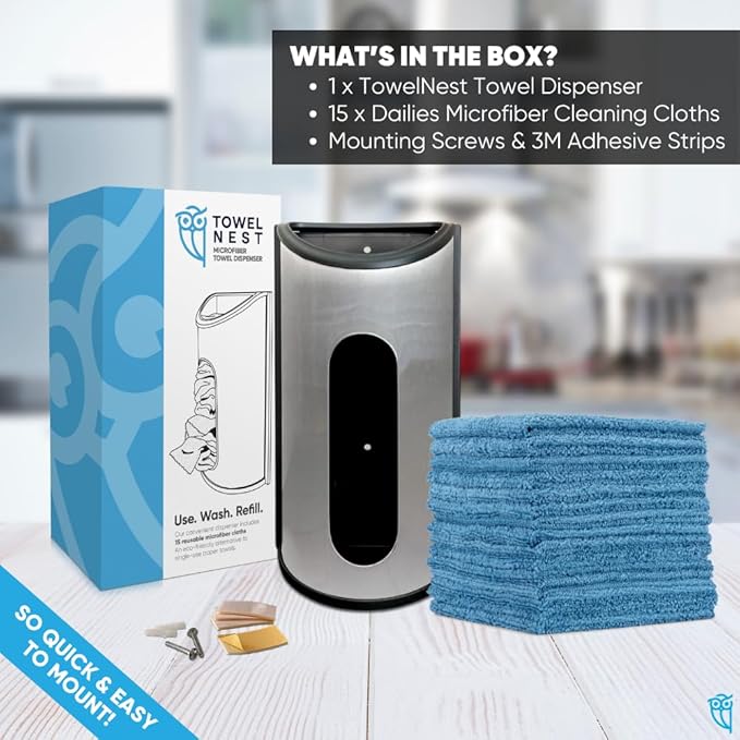 TowelNest Microfiber Cloth Dispenser | 15 Reusable Cloths (Slate Blue) | Eco-Friendly Paper Towel Alternative | Absorbent & Washable | Wall/Cabinet Mount (3M Adhesive & Screws Included)