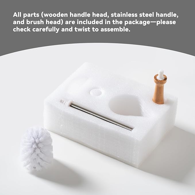 Modern Toilet Brush Set and Holder - Toilet Bowl Brush Ceramic Bathroom Accessories Set Decor, Cleaner Brush Kit with Detachable Brush Head & Natural Wood Handle (Ivory White)