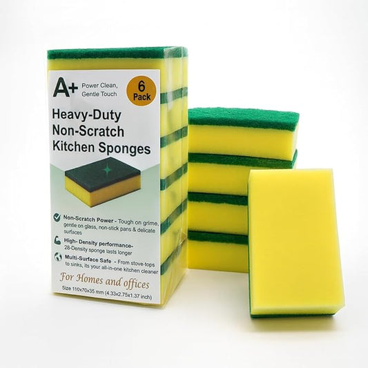 A Plus Kitchen Cleaning Sponge,Heavy Duty,Non-Scratch,High Density and for Multi-Surface Use (Homes & Offices) - 6 Pack (Yellow/Green)