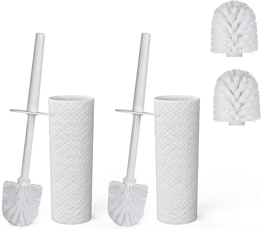 Toilet Brush, 2 Pack Toilet Brushes & Holders Sets with Plastic Handle and Soft Flexible Bristles, 4 Toilet Brush Heads for Bathroom Toilet-Ergonomic, Elegant, Durable Loo Brush (White)