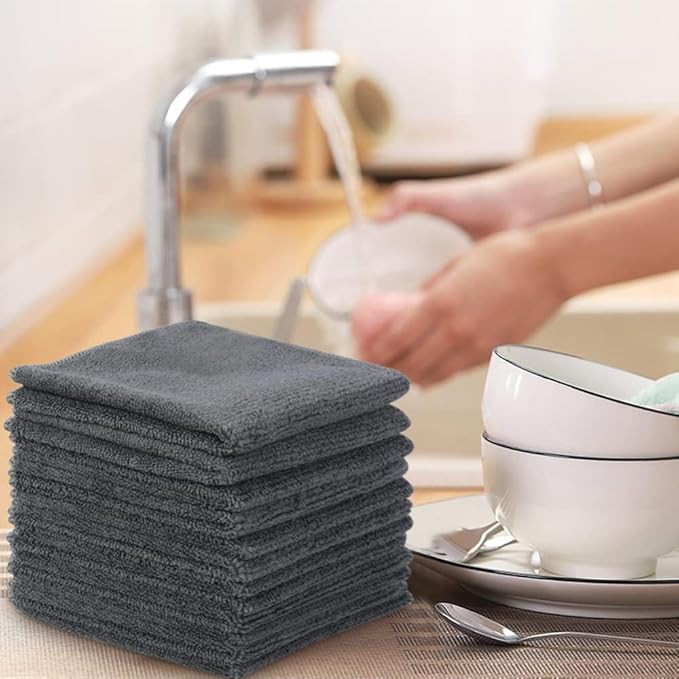 SINLAND Microfiber Cleaning Cloth Rag Super Absorbent Kitchen Dish Cloths Quick Dry No Streak Dish Rags Glass Cloths 12inchx12inch 12 Pack Grey